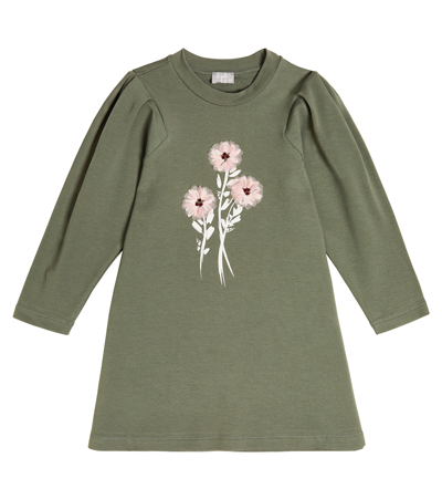 Il Gufo Kids' Floral Cotton-blend Jersey Dress In Green