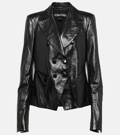 Tom Ford Double-breasted Leather Blazer In Black