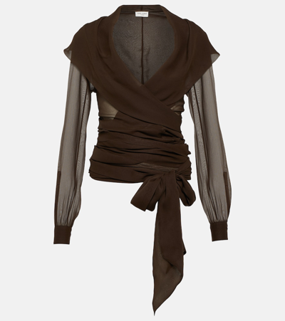 Saint Laurent Silk Muslin Crepe Hooded Wrap Blouse In Brown