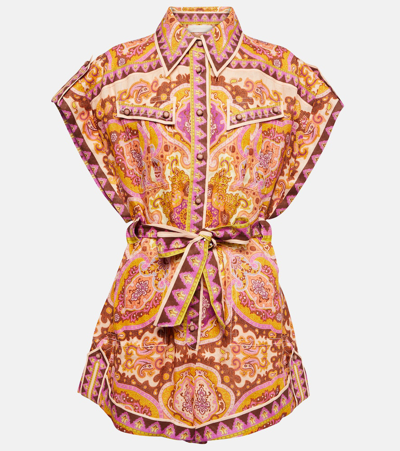 Zimmermann Halcyon Belted Paisley-print Linen Playsuit In Multicolor