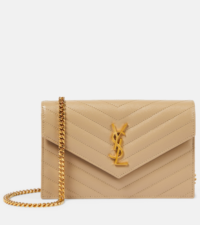 Saint Laurent Cassandre Leather Wallet On Chain In Beige