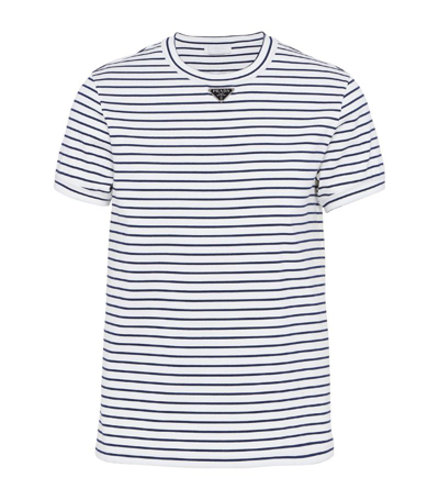 Prada Triangle-logo Stripe-print T-shirt In Bianco/blu