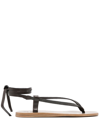 Brunello Cucinelli Monili-embellished Leather Ankle-tie Sandals In Brown
