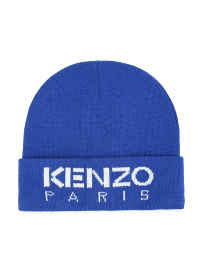 Kenzo Kids' Logo嵌花针织套头帽 In Navy