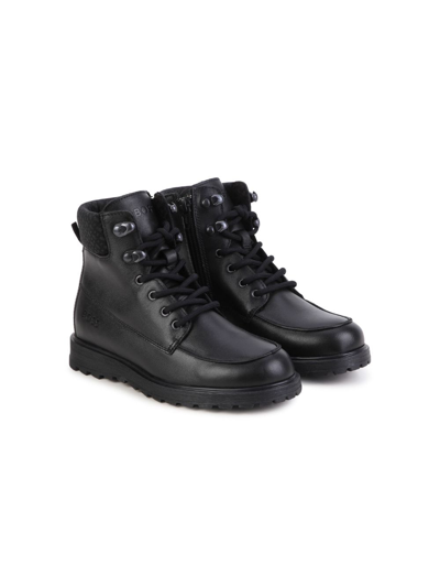 Bosswear Kids' Logo-debossed Leather Ankle Boots In Black