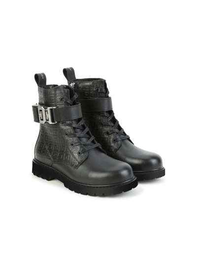 Givenchy Kids' Logo-buckle Lace-up Leather Boots In Black