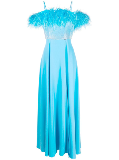 Nissa Feather-trim Sleeveless Gown In Blue