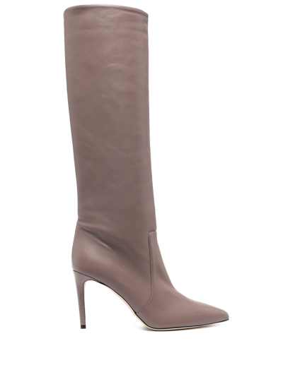 Paris Texas Pt 85mm Stiletto Knee High Point Toe Boot Leather In Taupe - Taupe