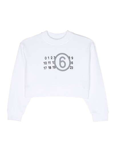 Mm6 Maison Margiela Kids' Cropped Crew-neck Jersey Sweatshirt With Logo Light Spots In White