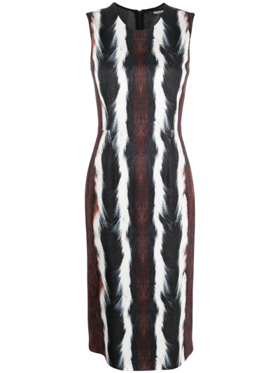 Roberto Cavalli Sleeveless Fur-print Midi Dress In Brown