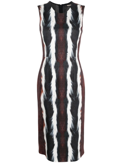 Roberto Cavalli Sleeveless Fur-print Midi Dress In Dark Brown/white