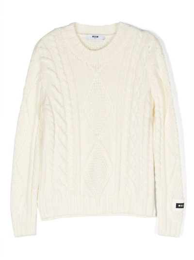 Msgm Kids' Cable-knit Wool-blend Jumper In White