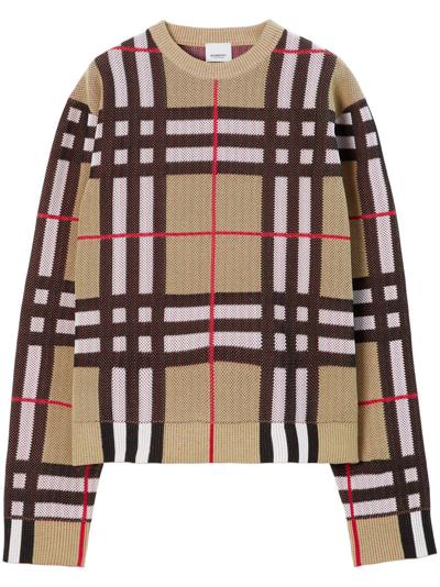Burberry Check Technical Cotton Sweater In Beige