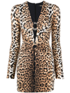 Roberto Cavalli Fitted Mini Dress With Leopard Print And Embellishments In Neutrals