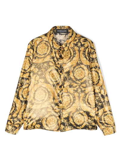 Versace Kids' Barocco-print Long-sleeve Shirt In Gold