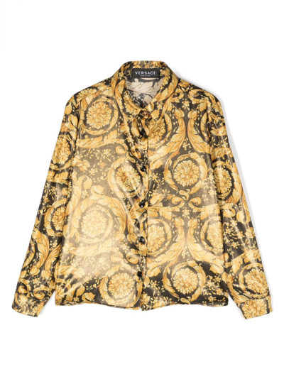 Versace Kids' Barocco-print Long-sleeve Shirt In Nude