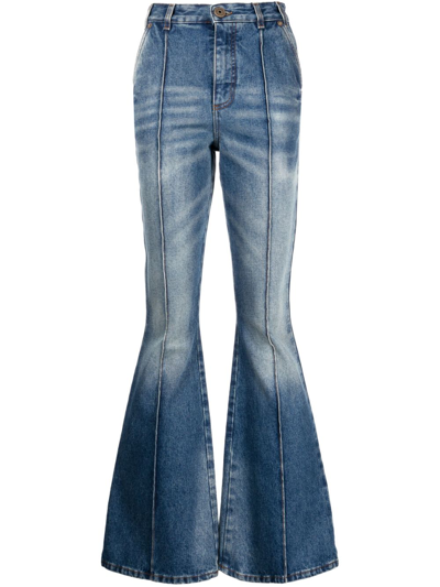Balmain High-waisted Cotton Flared Jeans In Blue
