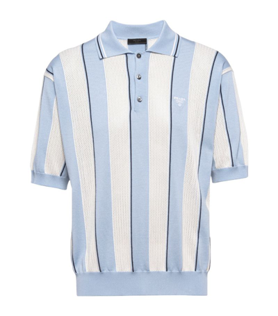 Prada Striped Knitted Polo Shirt In Sky Blue/white