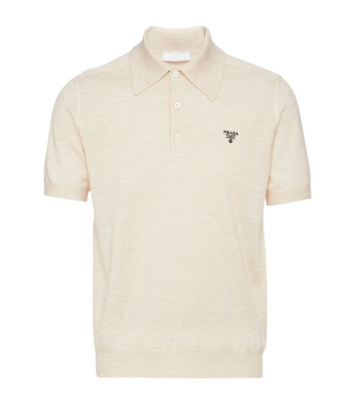 Prada Logo-embroidered Cashmere Polo Shirt In Beige