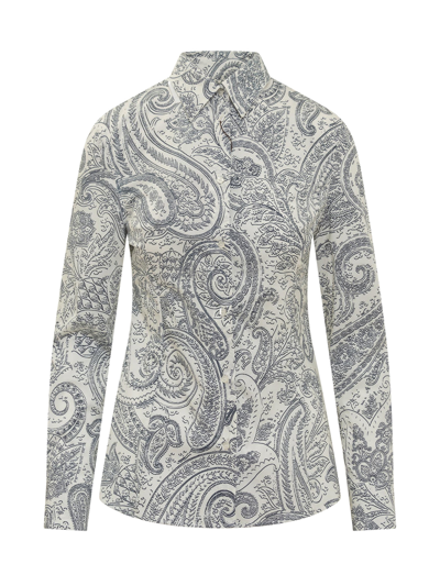 Etro Paisley Print Cotton Poplin Shirt In Navy Blue