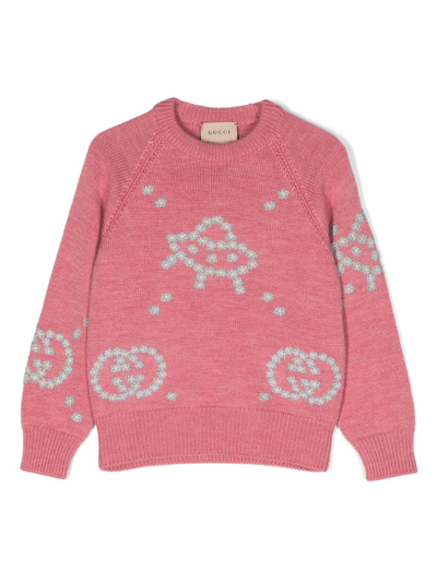 Gucci Kids' Wool Sweater With Embroidery In Dark Rose