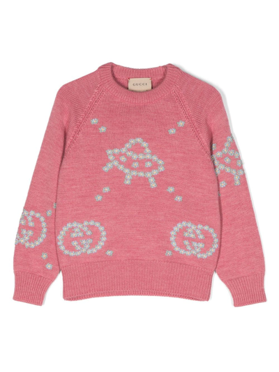 Gucci Kids' 嵌花针织羊毛毛衣 In Dark Rose/mix