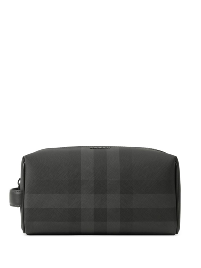 Burberry Check And Leather Travel Pouch In Grey