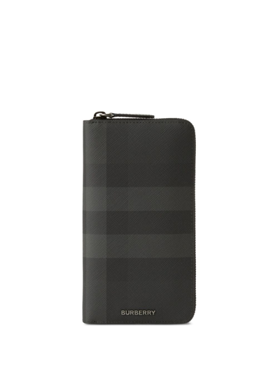 Burberry Check And Leather Ziparound Wallet In Grey