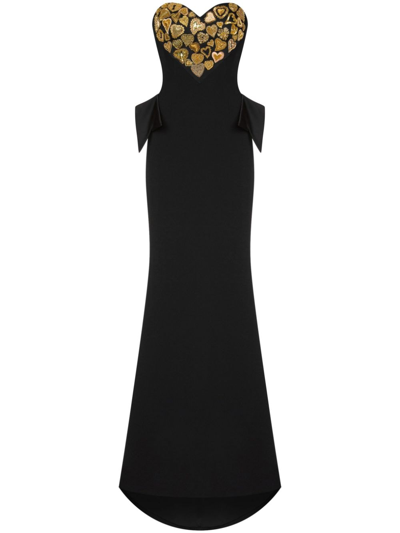 Moschino Sweetheart-neck Embroidered Maxi Dress In Schwarz
