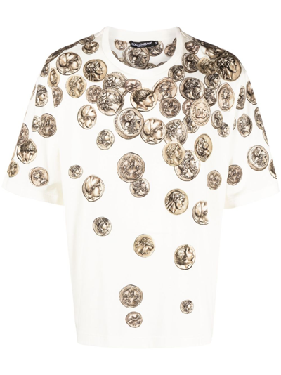Dolce & Gabbana Coin Print Cotton T-shirt In Monete_grandi_f_bco