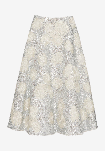 Valentino Midi Skirt In Embroidered Organza Woman Silver 38 In Grey