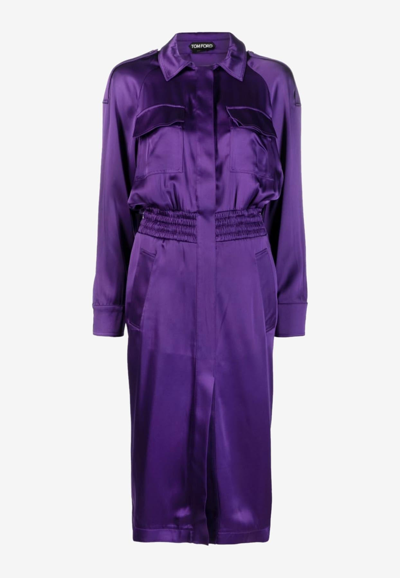 Tom Ford Fluid Satin Midi Coat Dress In Purple