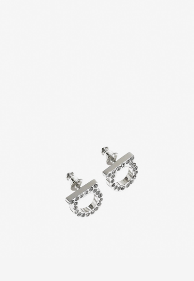 Ferragamo Gancini Crystal Stud Earrings In Silver