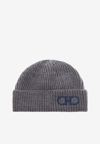 Ferragamo Gancini Embroidered Wool Beanie In Gray