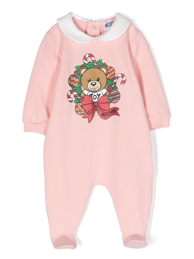 Moschino Babies' Teddy Bear 印花平纹针织连体衣 In Pink