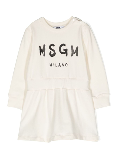 Msgm Kids' Logo-print Long-sleeve Dress In Neutrals