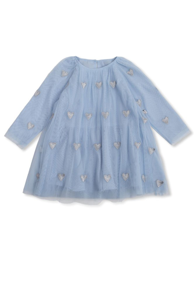 Stella Mccartney Kids Embroidered Heart Long Sleeved Party Dress In Blue