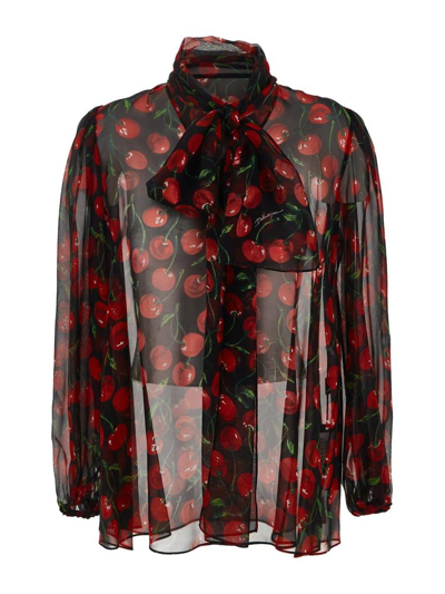 Dolce & Gabbana Cherry Printed Silk Chiffon Shirt In Black