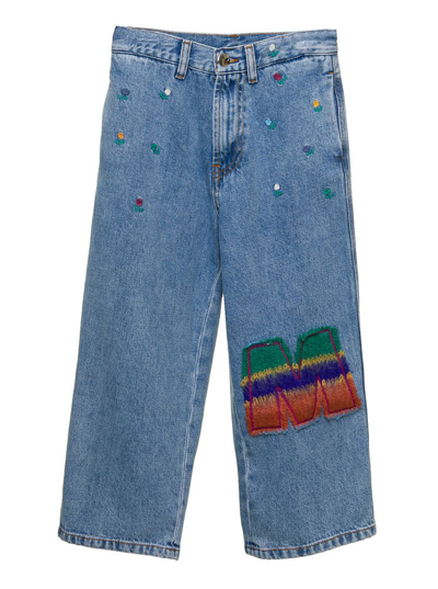 Marni Kids' Embroidered-motif Straight-leg Jeans In Blue