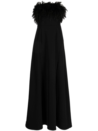 Rachel Gilbert Zion Feather-trim Ruched Gown In Black