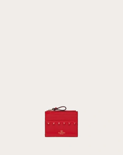 Valentino Garavani Rockstud Calfskin Cardholder With Zip Woman Rouge Pur Uni