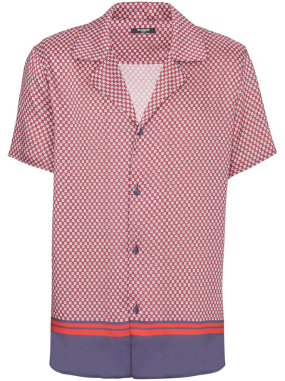Balmain Monogram-print Short-sleeve Shirt In Red