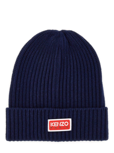 Kenzo Knit Hat With Logo In Blue