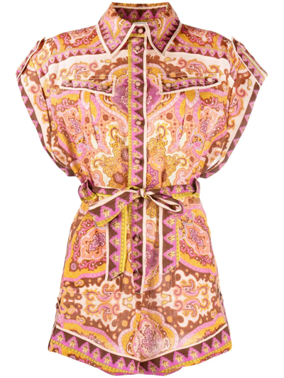 Zimmermann Halcyon Belted Paisley-print Linen Playsuit In Orange Other