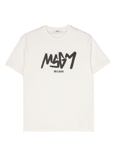 Msgm Kids' Logo-print Cotton T-shirt In Neutrals