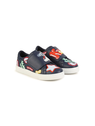 Kenzo Kids' Logo Printed Leather Trainers W/ Straps In Navy