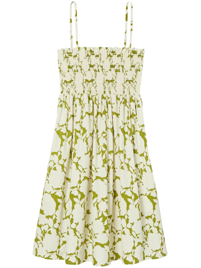 Tory Burch Smocked Printed Cotton Mini Dress In Green Bold Flower
