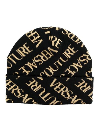 Versace Jeans Couture Intarsia-logo Wool Beanie In Blue