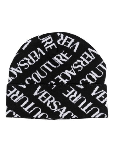 Versace Jeans Couture Intarsia-logo Wool Beanie In Black