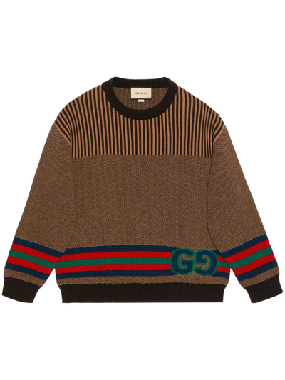 Gucci Double G Striped Wool Jumper In Brown